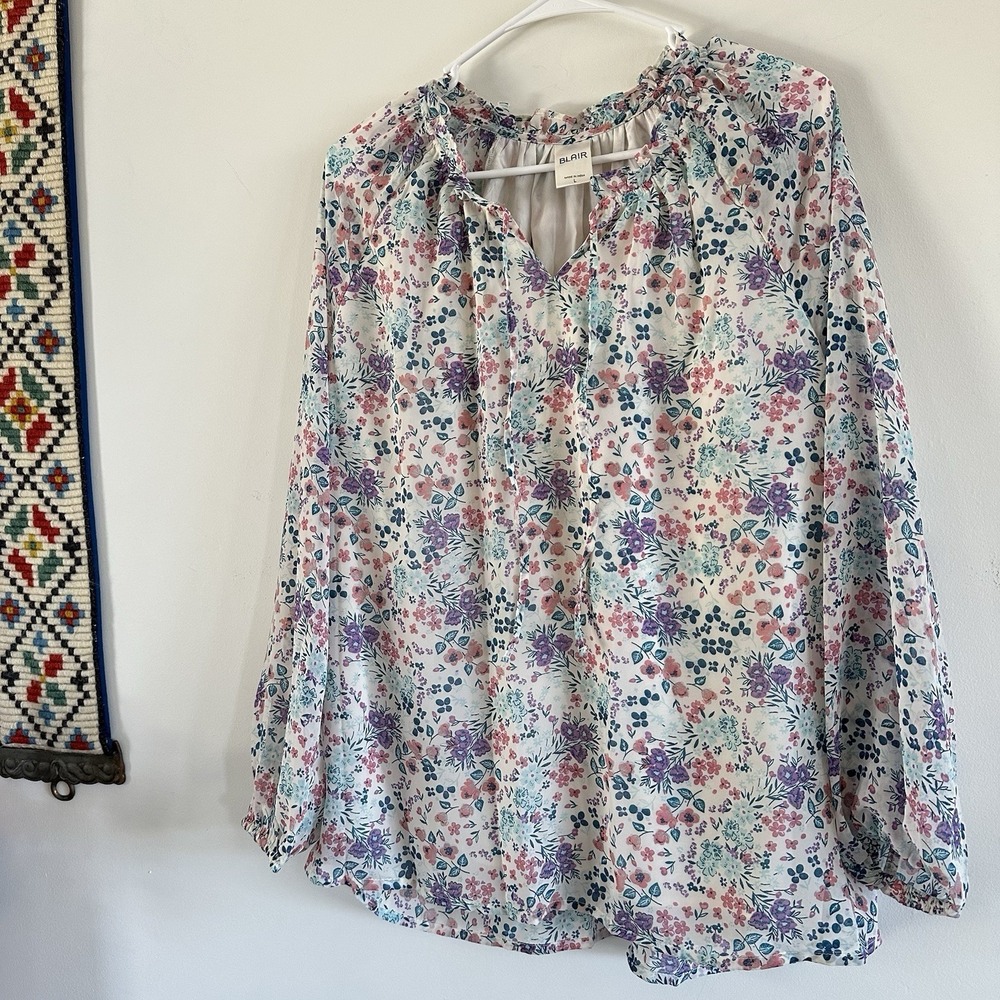 Women's Blair Puff Sleeve Popover Blouse Floral Breezy Large Teal Pink Lng Slv